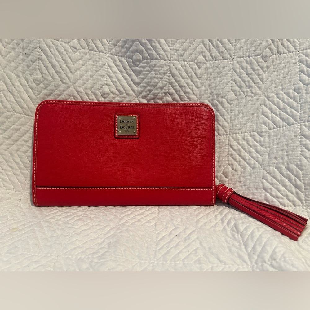 Dooney & Bourke Saffiano Leather Wristlet Red Zip Around Tassel Logo Card Slots